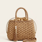 Sac a main panier raphia tressé pompon Khaki