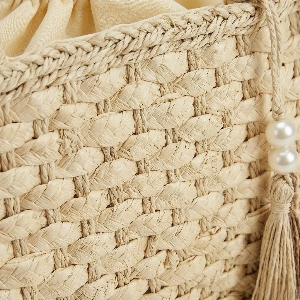 Sac a main panier raphia tressé pompon Beige