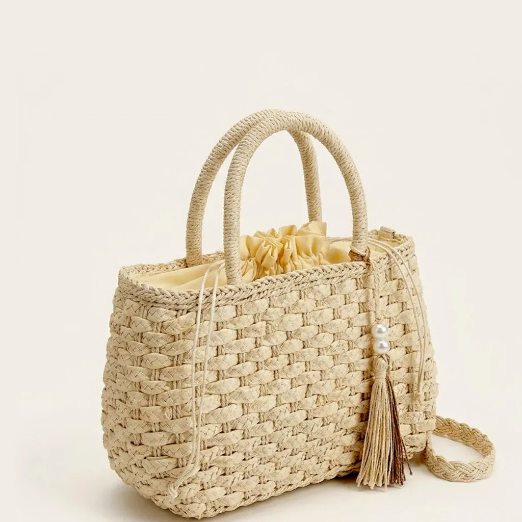 Sac a main panier raphia tressé pompon Beige