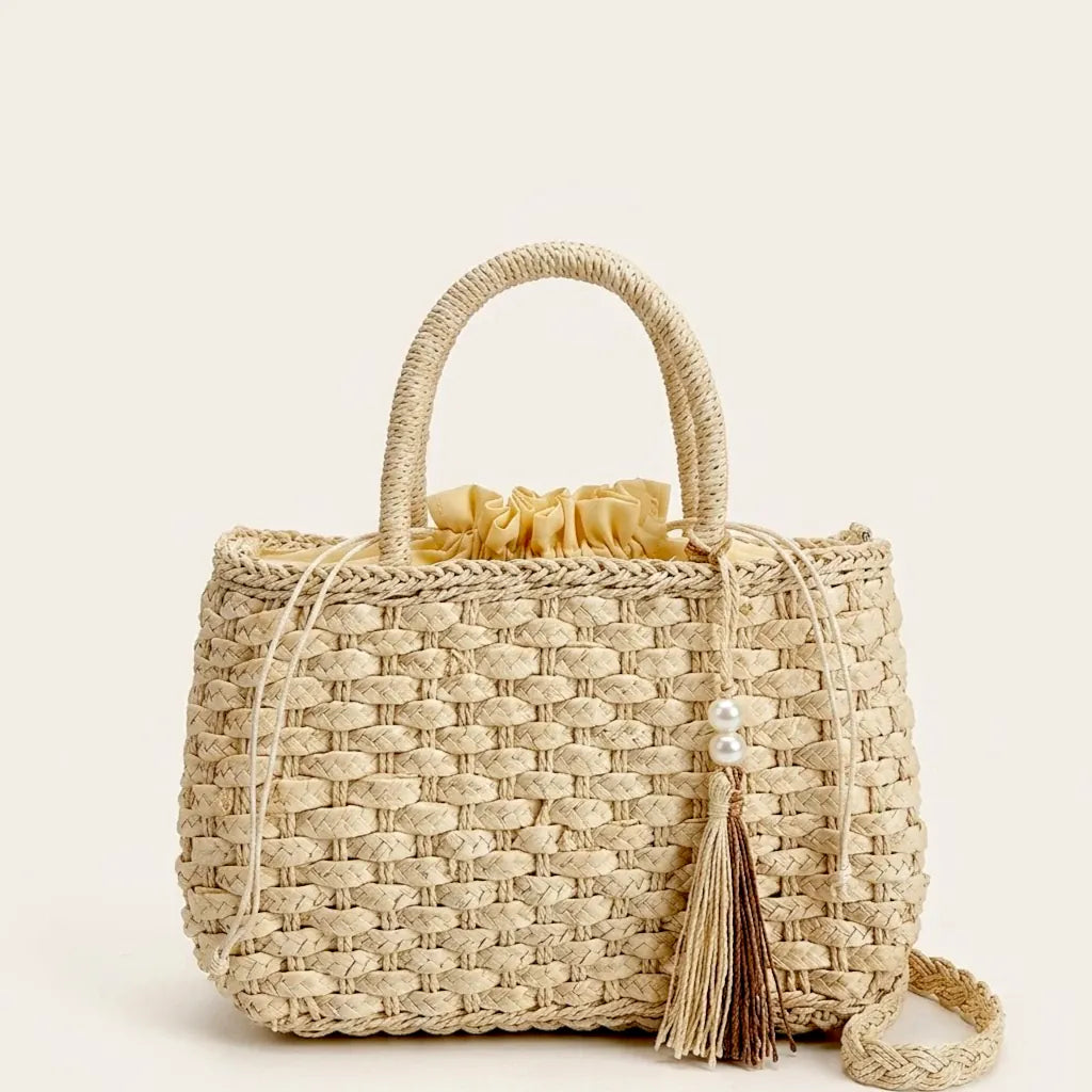 Sac a main panier raphia tressé pompon Beige