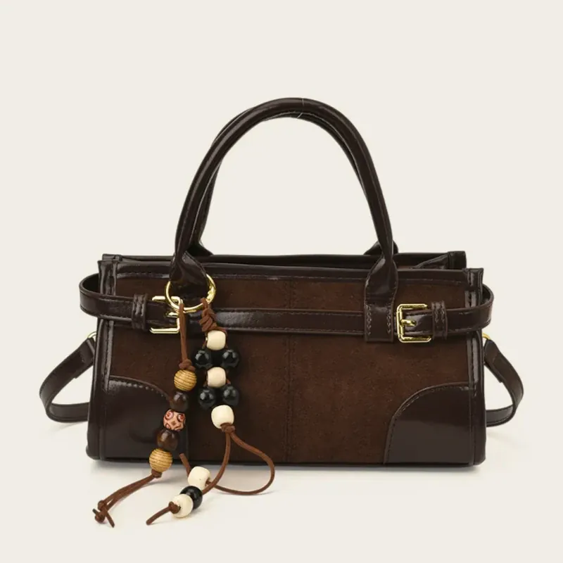 Sac à main suédine bi-matière perles bois