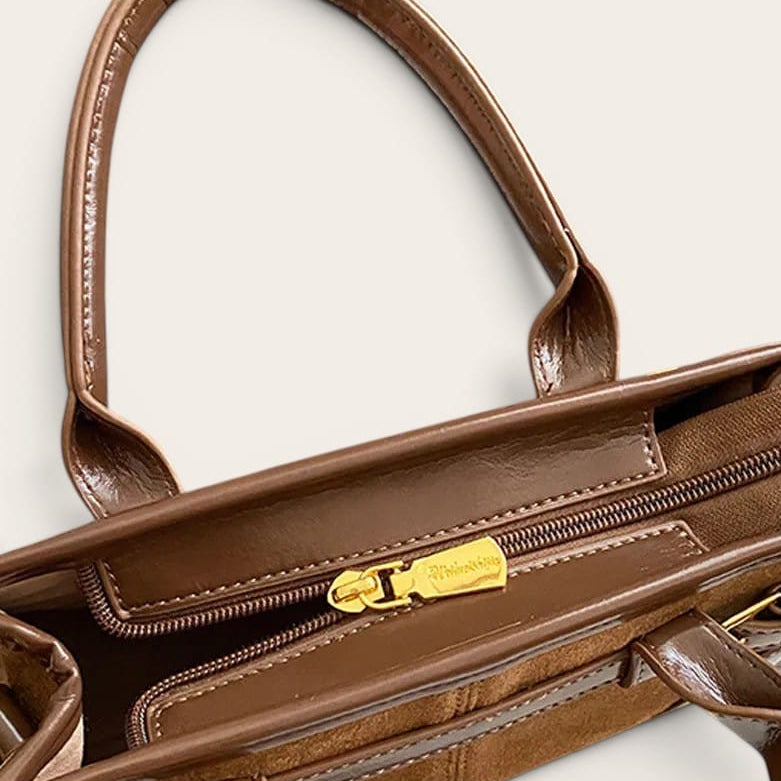 Sac à main suédine bi-matière perles bois Marron