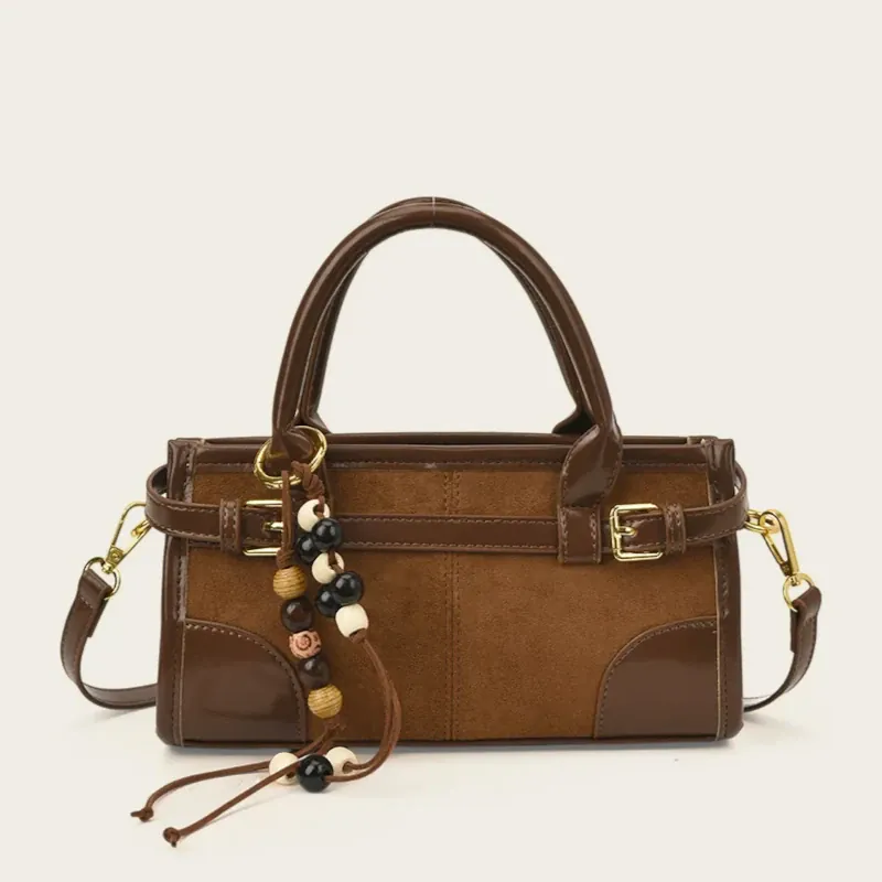 Sac à main suédine bi-matière perles bois Marron