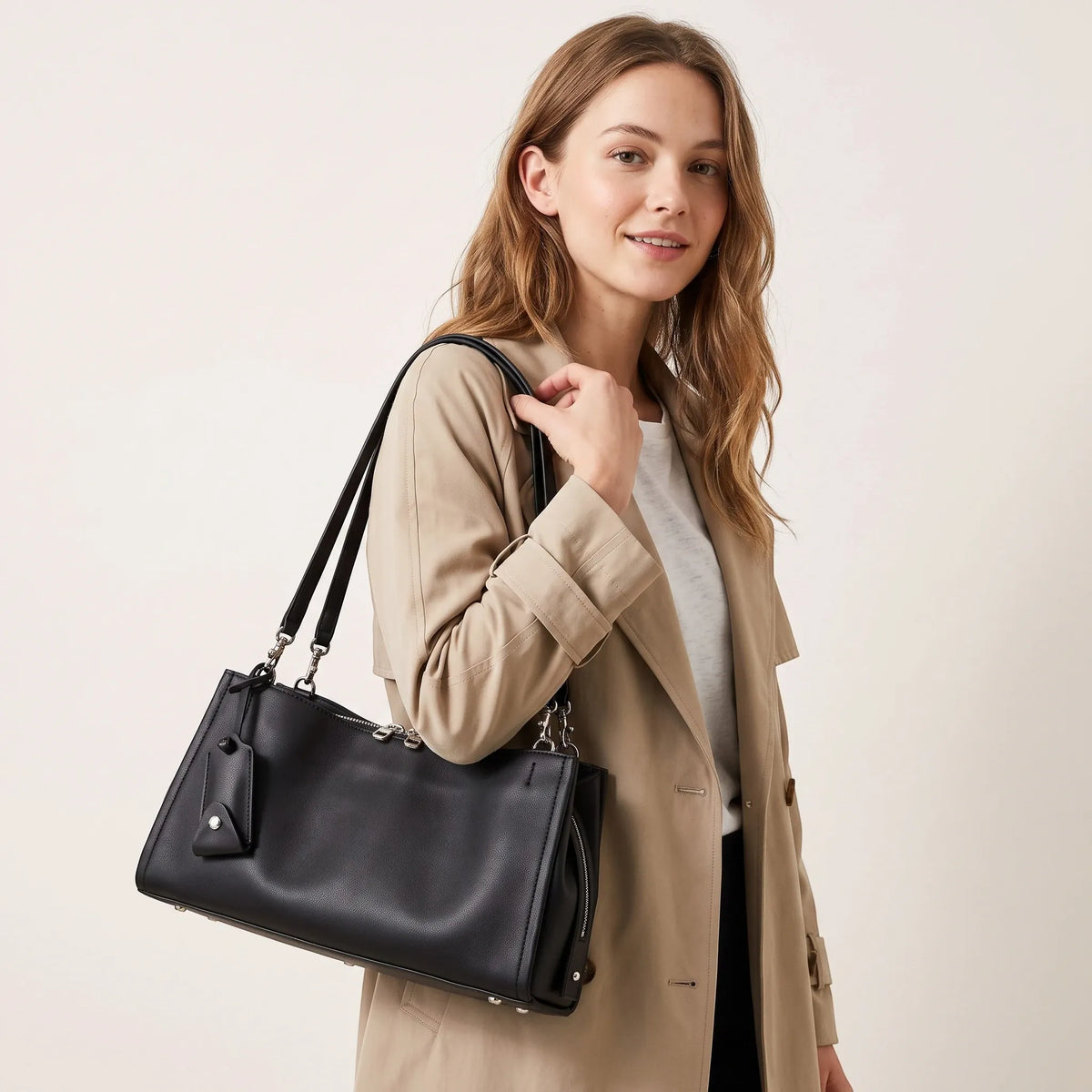 Sac baguette en cuir lisse robuste Noir