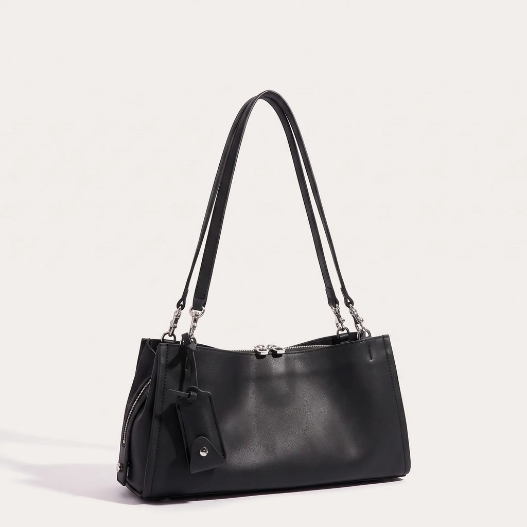 Sac baguette en cuir lisse robuste Noir