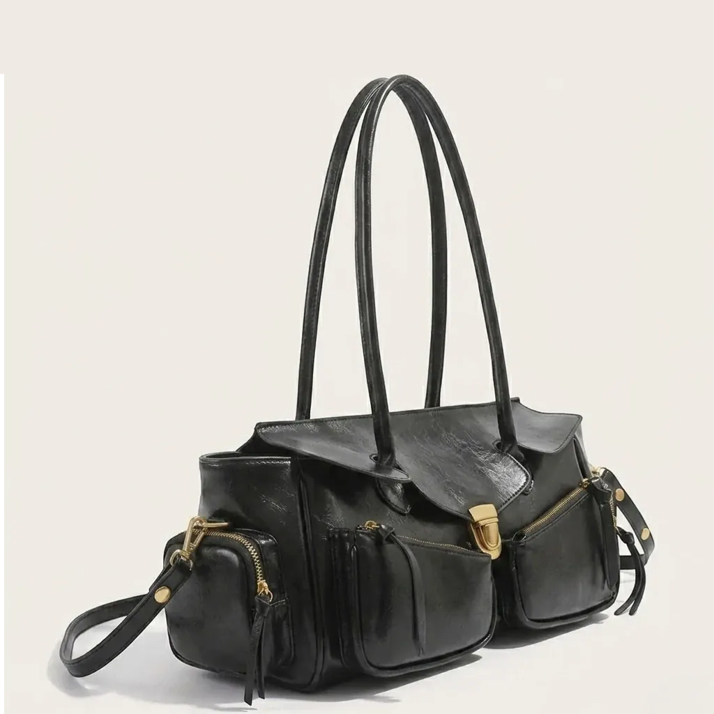 Sac baguette large cuir vegan vintage Noir