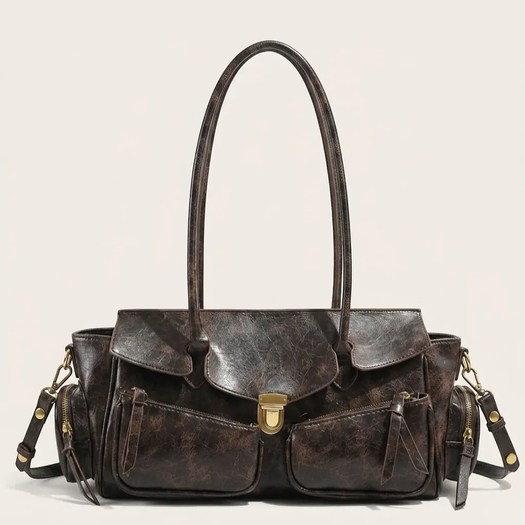 Sac baguette large cuir vegan vintage Marron