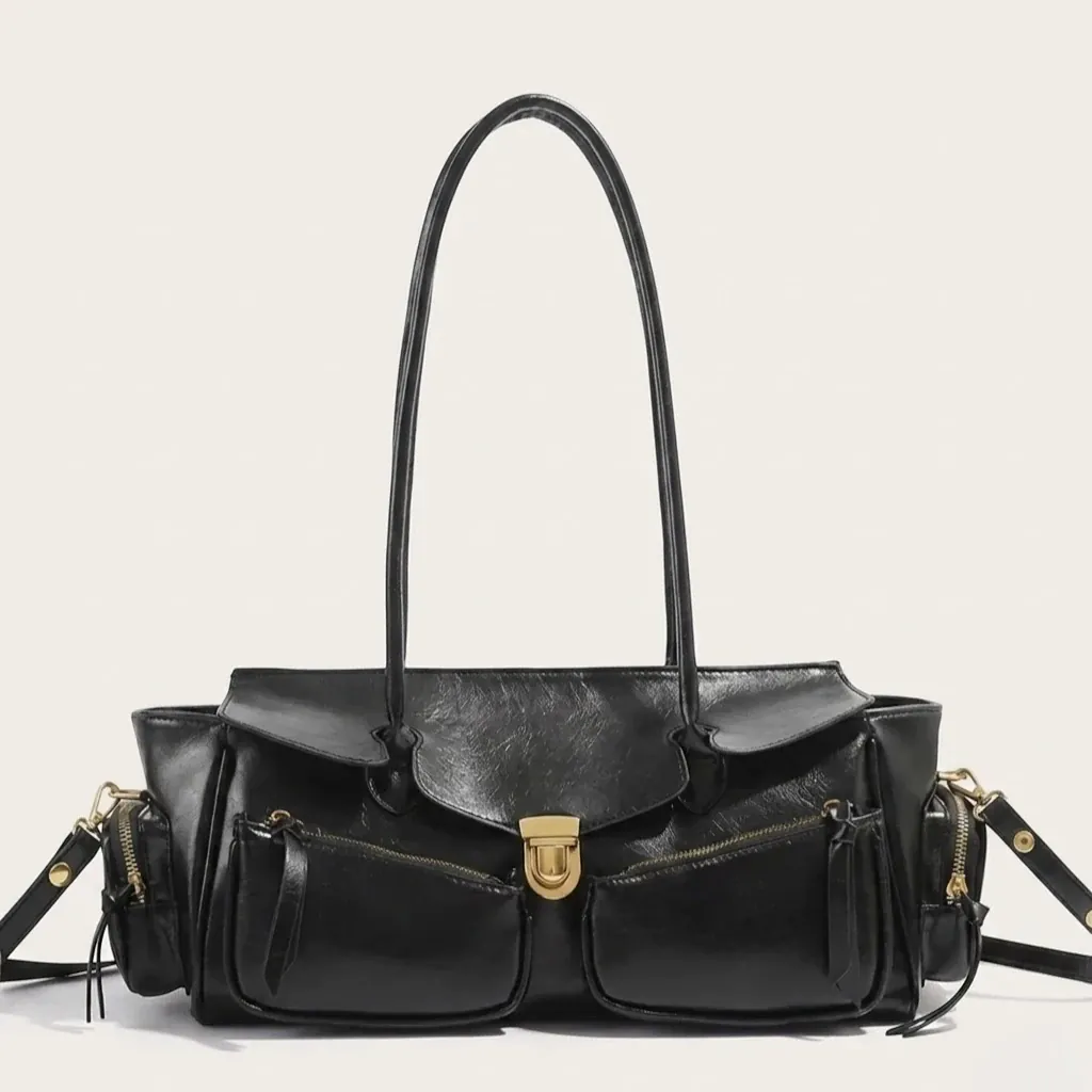 Sac baguette large cuir vegan vintage Noir