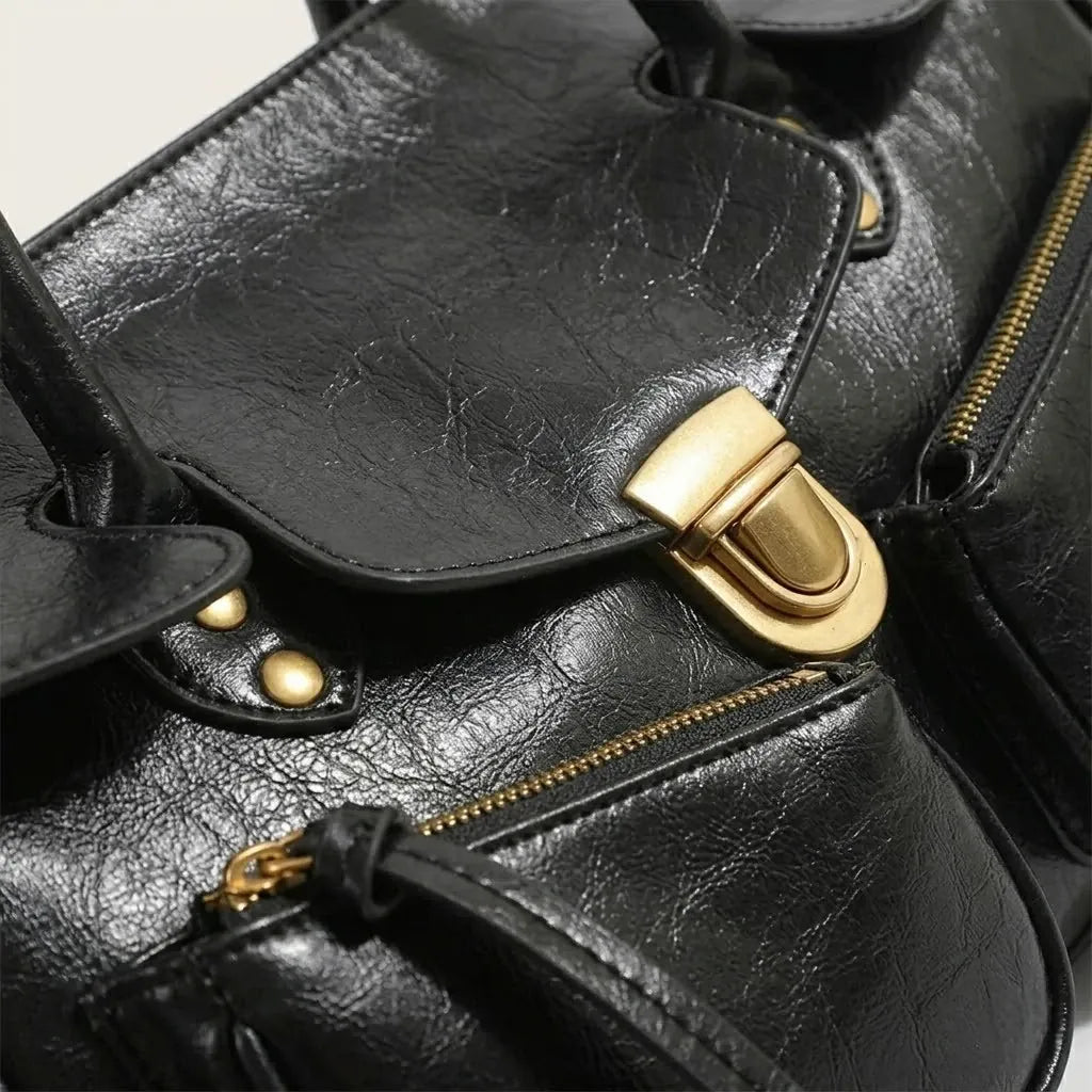 Sac baguette large cuir vegan vintage Noir