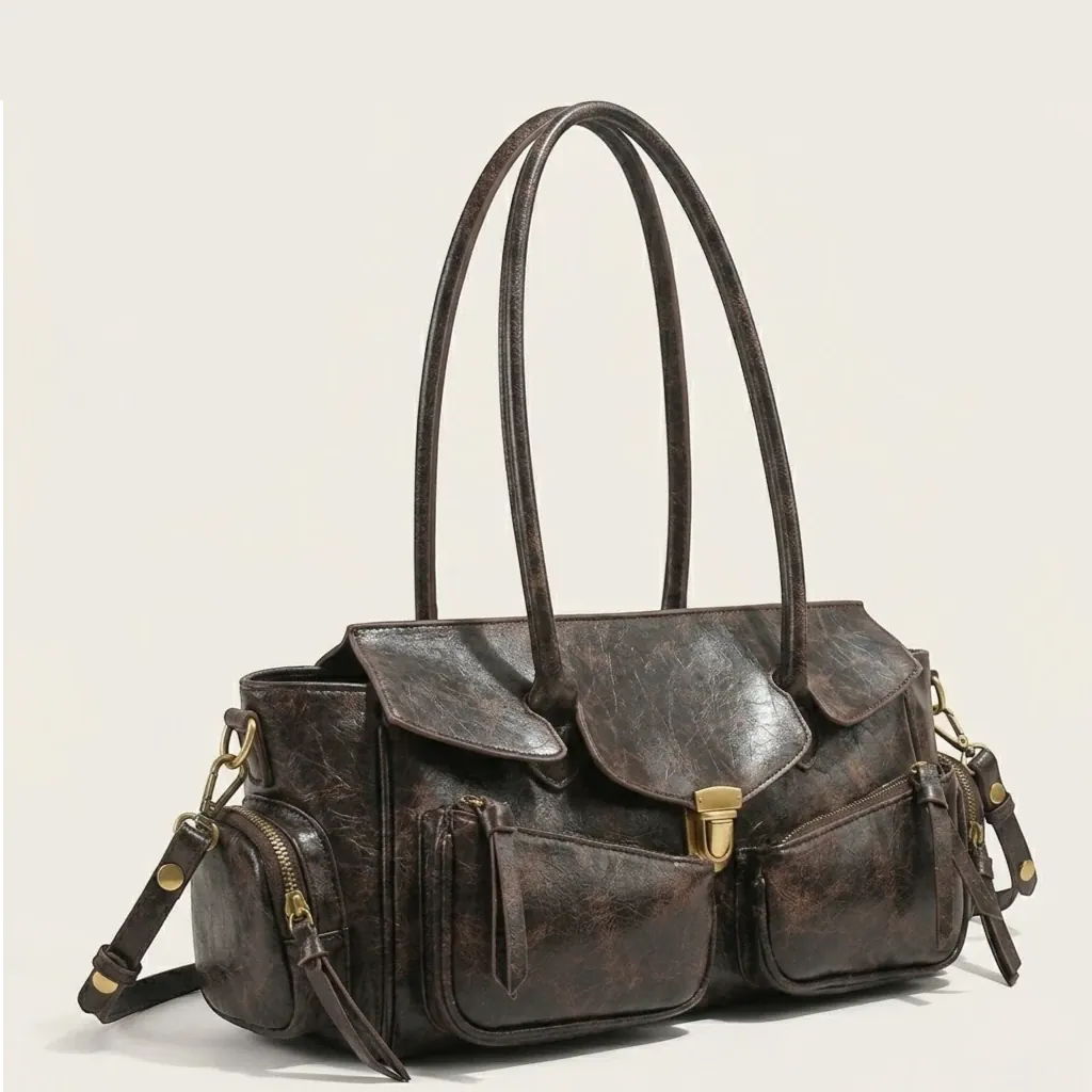 Sac baguette large cuir vegan vintage Marron