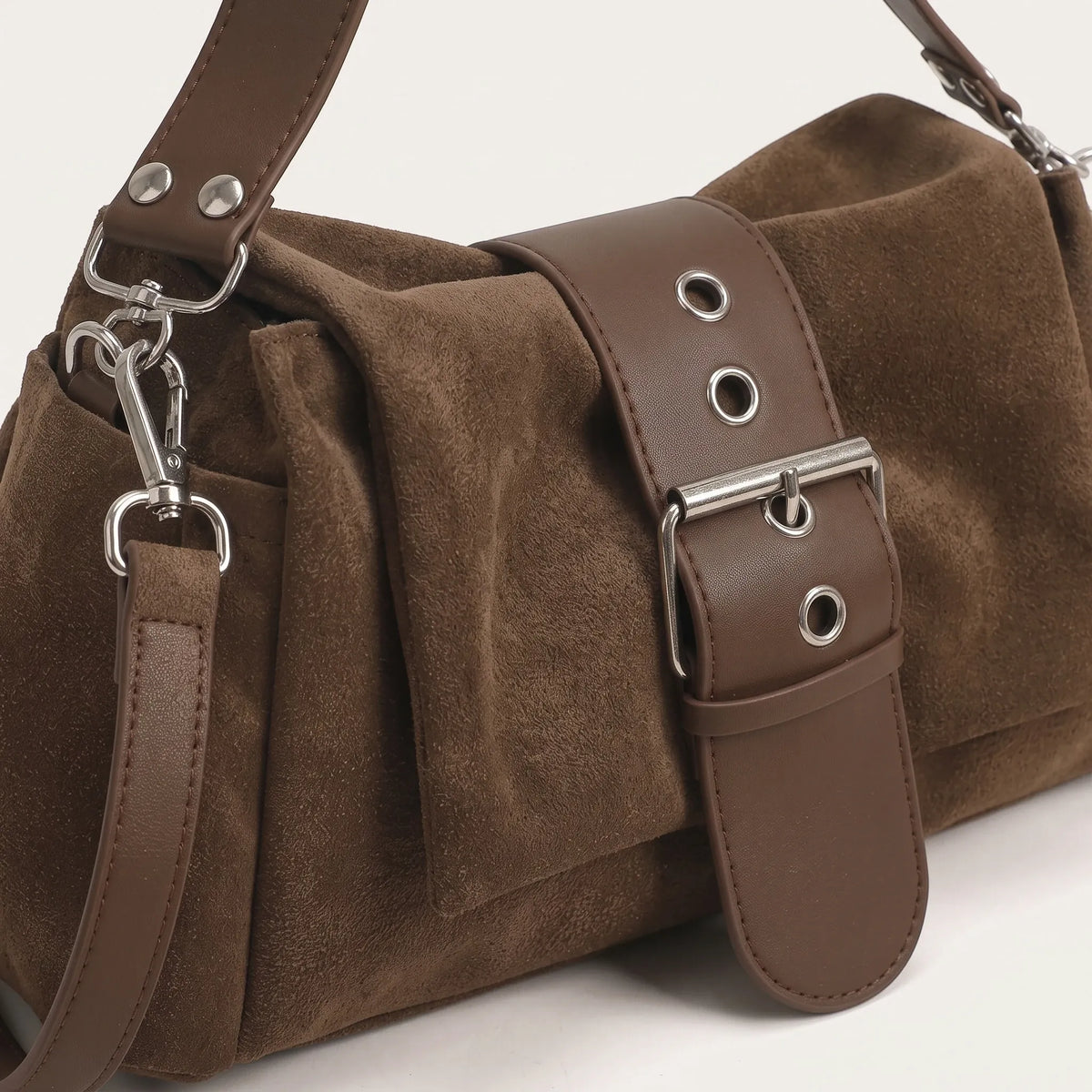 Sac baguette souple en suédine pour femme, vue 3 - Marron