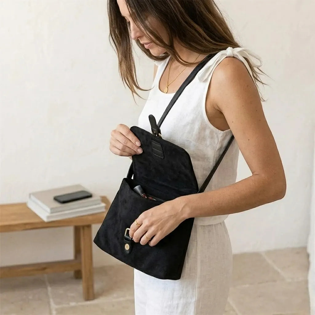 Sac bandoulière à rabat suédine Noir