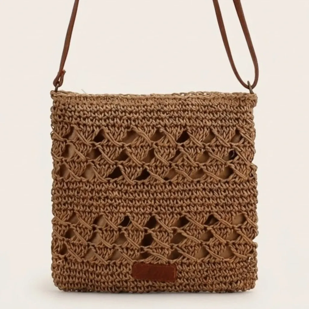 Sac bandoulière crochet paille ajouré carré Marron