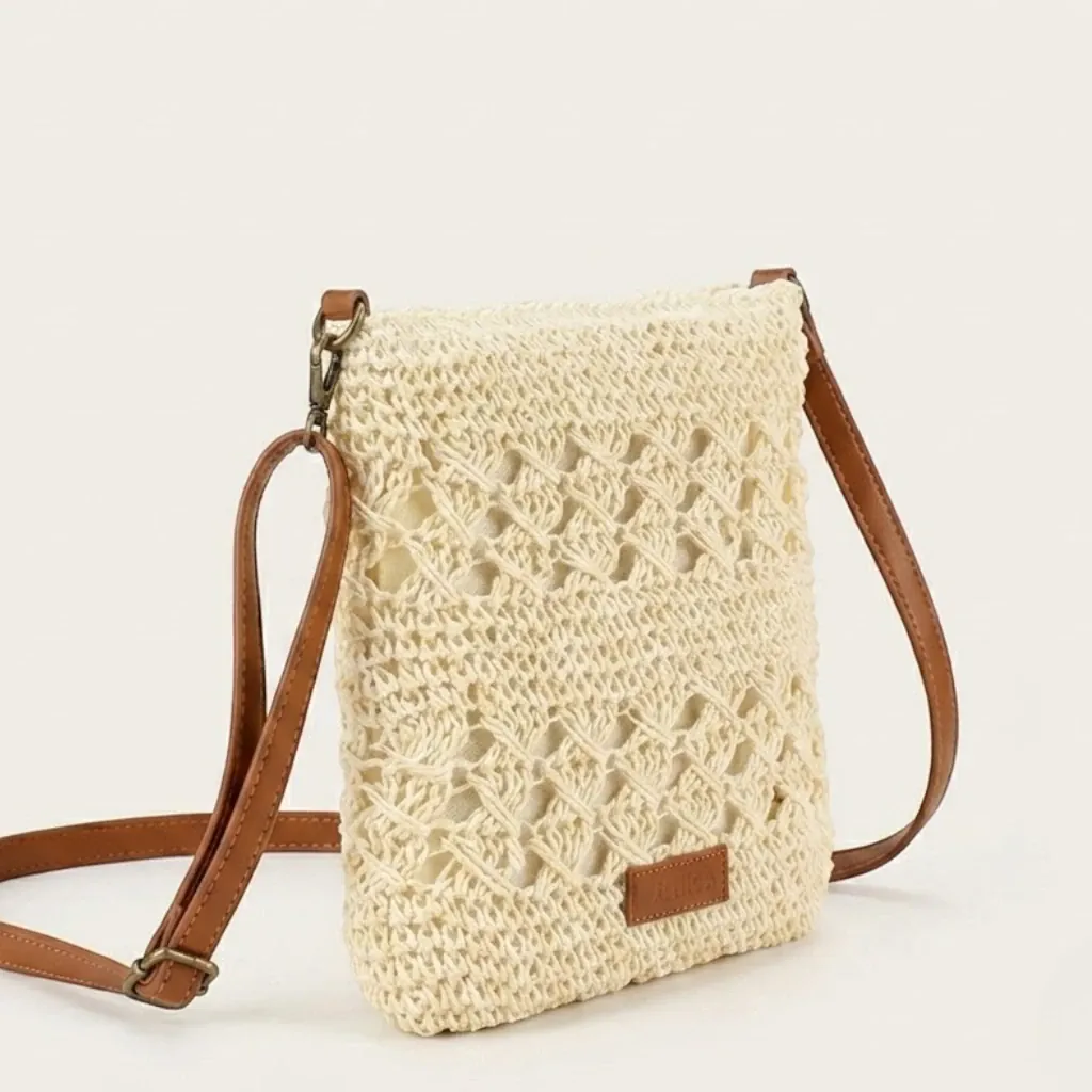 Sac bandoulière crochet paille ajouré carré Beige