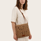 Sac bandoulière crochet paille ajouré carré Marron