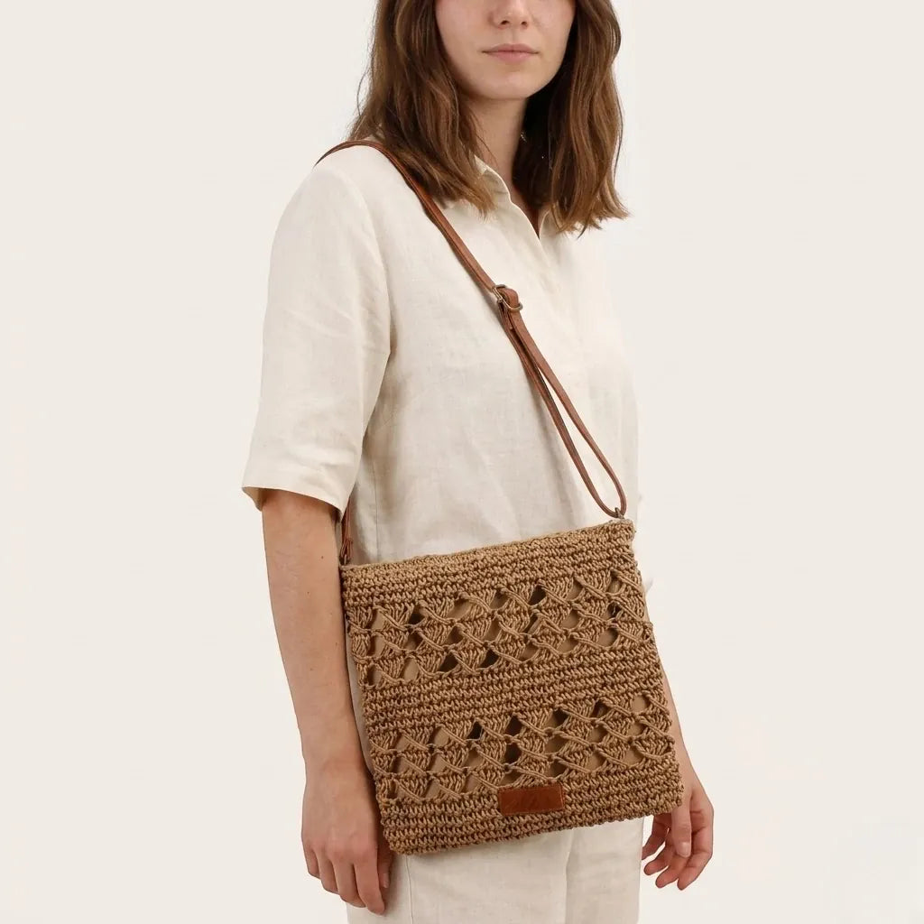 Sac bandoulière crochet paille ajouré carré Marron