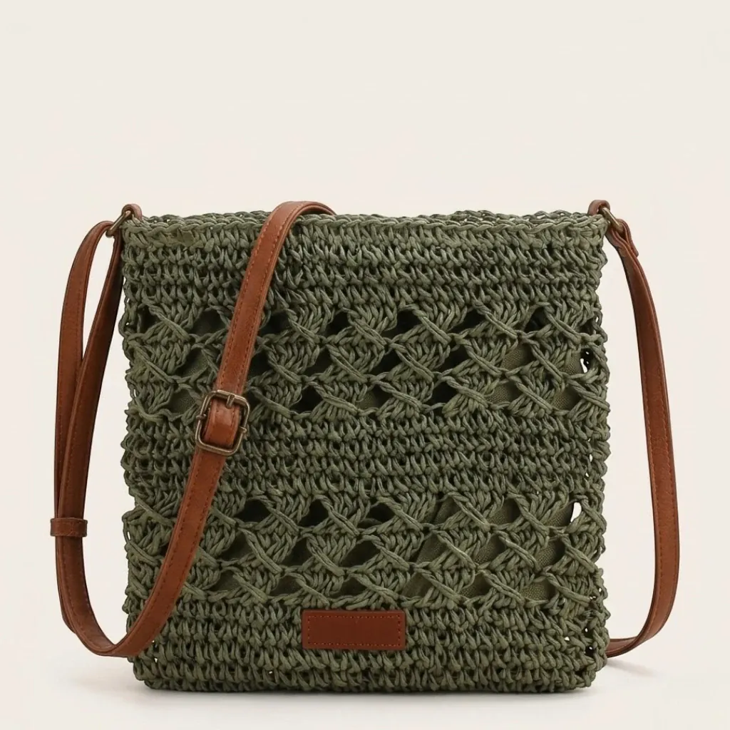 Sac bandoulière crochet paille ajouré carré Vert