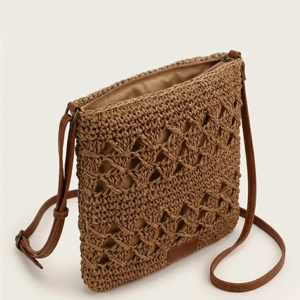 Sac bandoulière crochet paille ajouré carré Marron