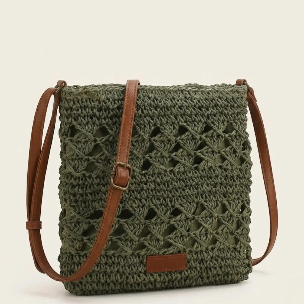 Sac bandoulière crochet paille ajouré carré Vert