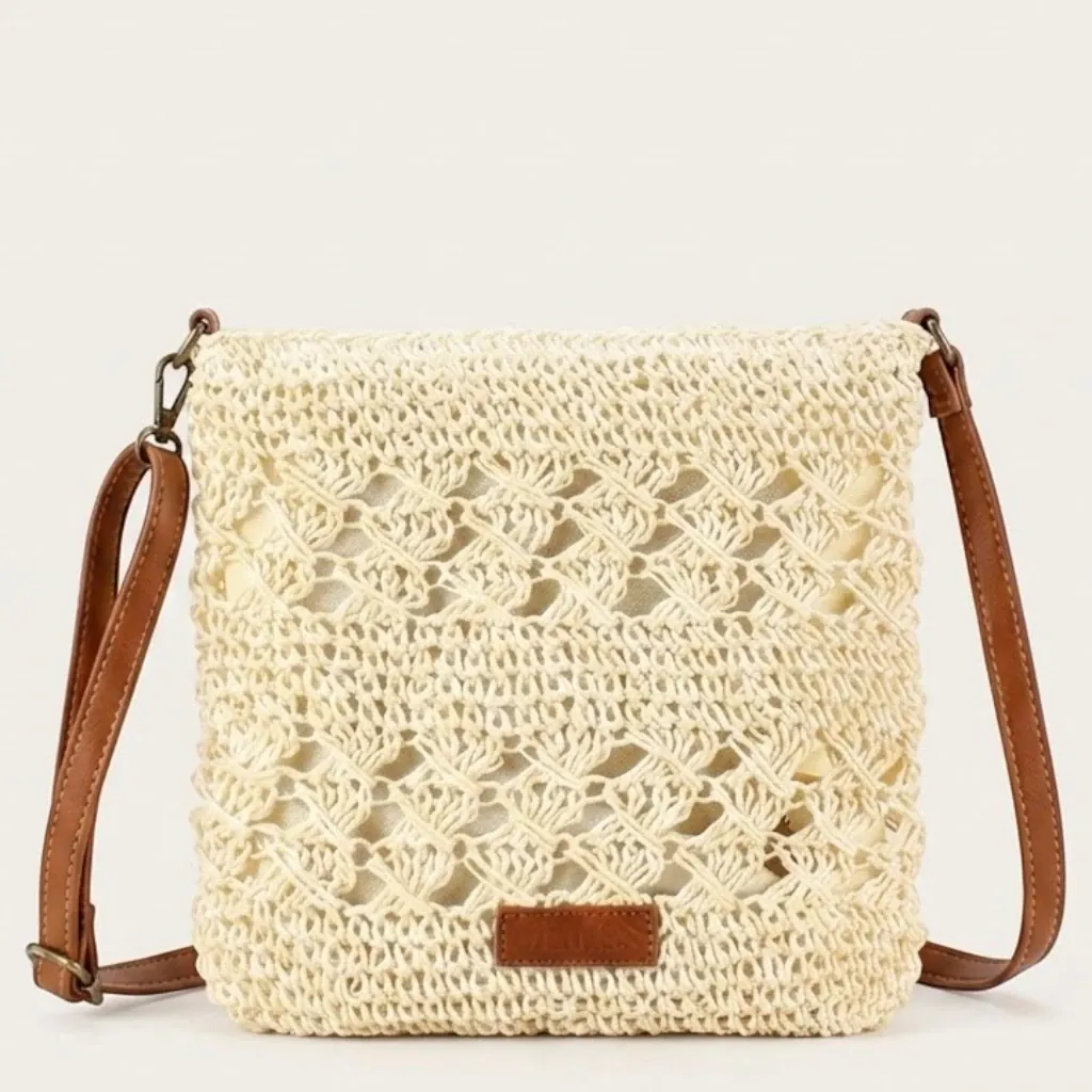 Sac bandoulière crochet paille ajouré carré Beige