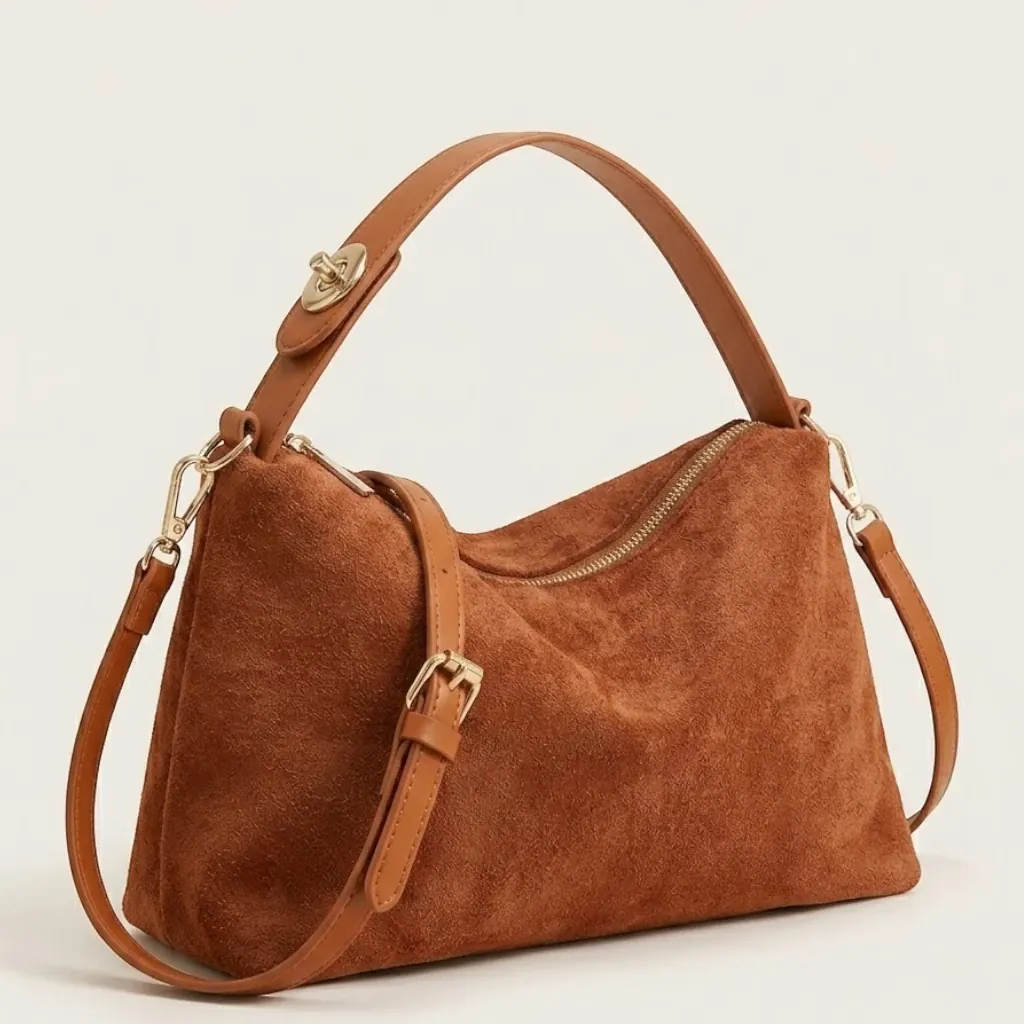 Sac bandoulière daim vegan zip doré