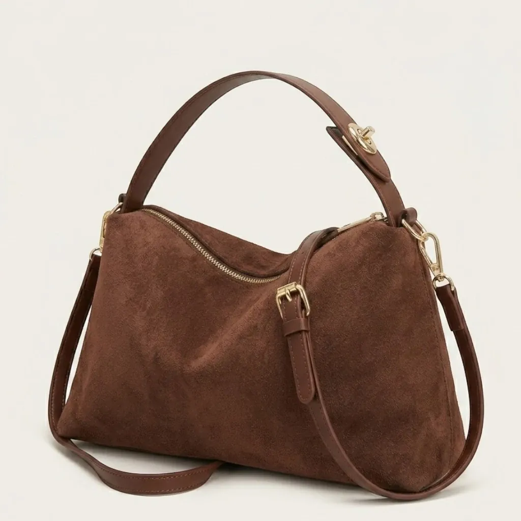 Sac bandoulière daim vegan zip doré