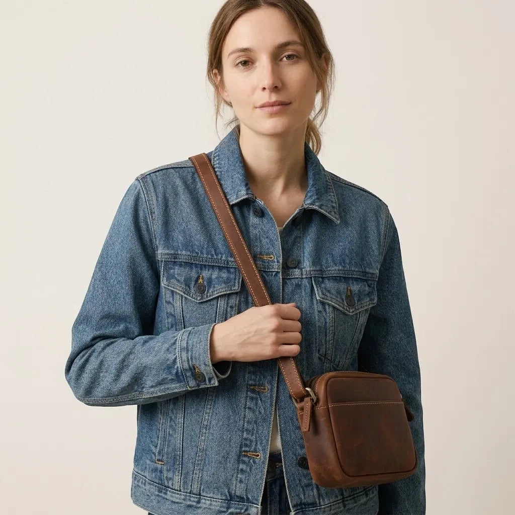Sac bandoulière en cuir surpiqué rectangulaire Marron