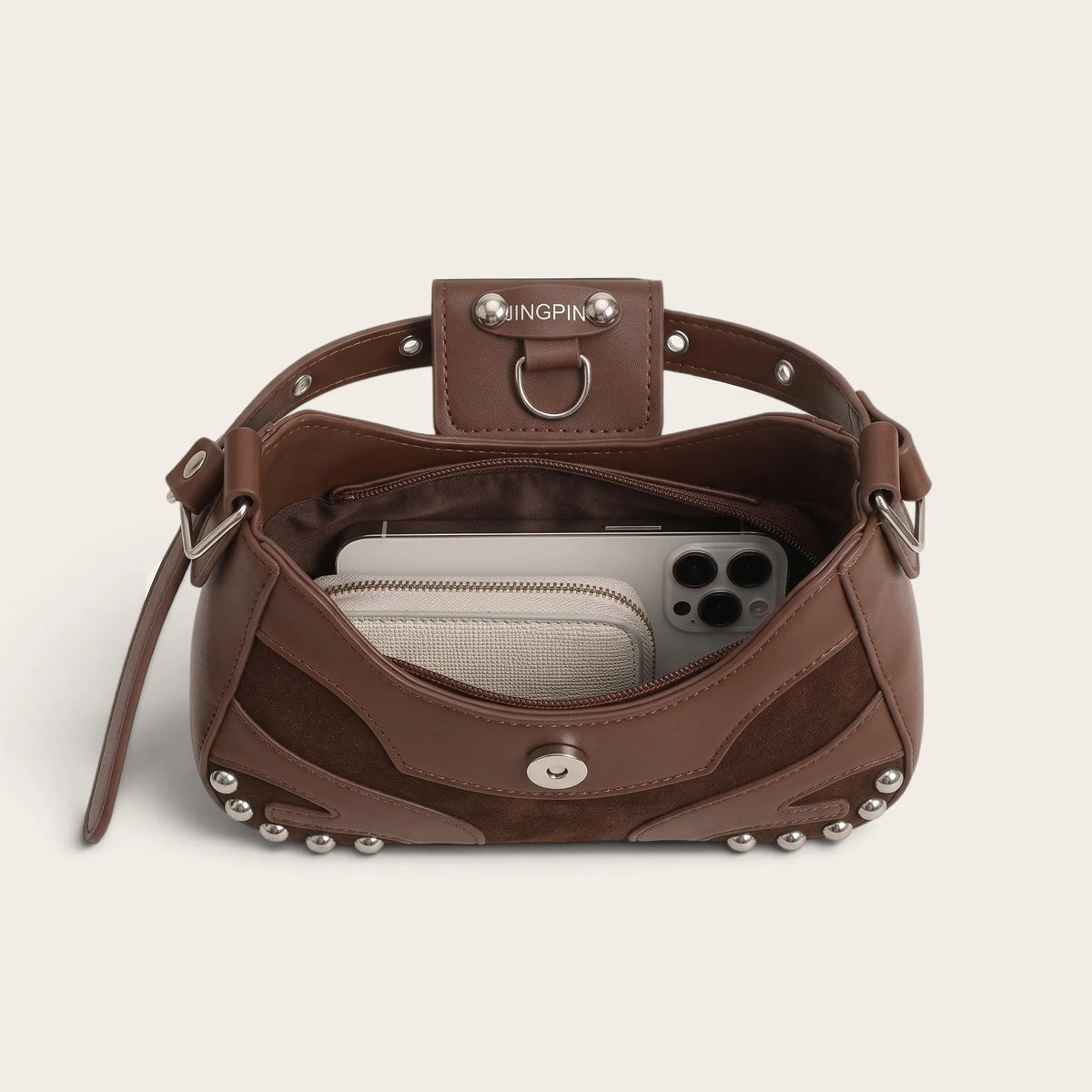Sac bandoulière similicuir clouté pour femme, vue 4 - Café