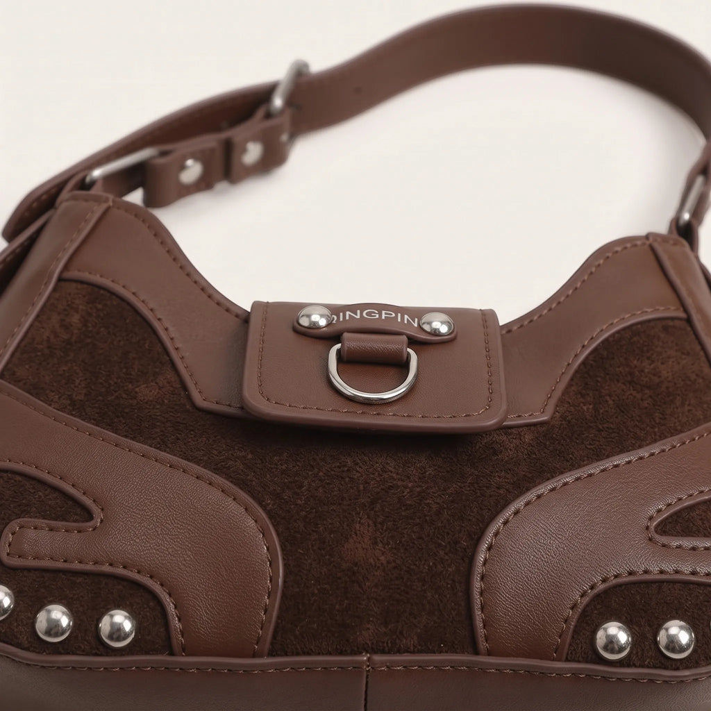 Sac bandoulière similicuir clouté pour femme, vue 3 - Café