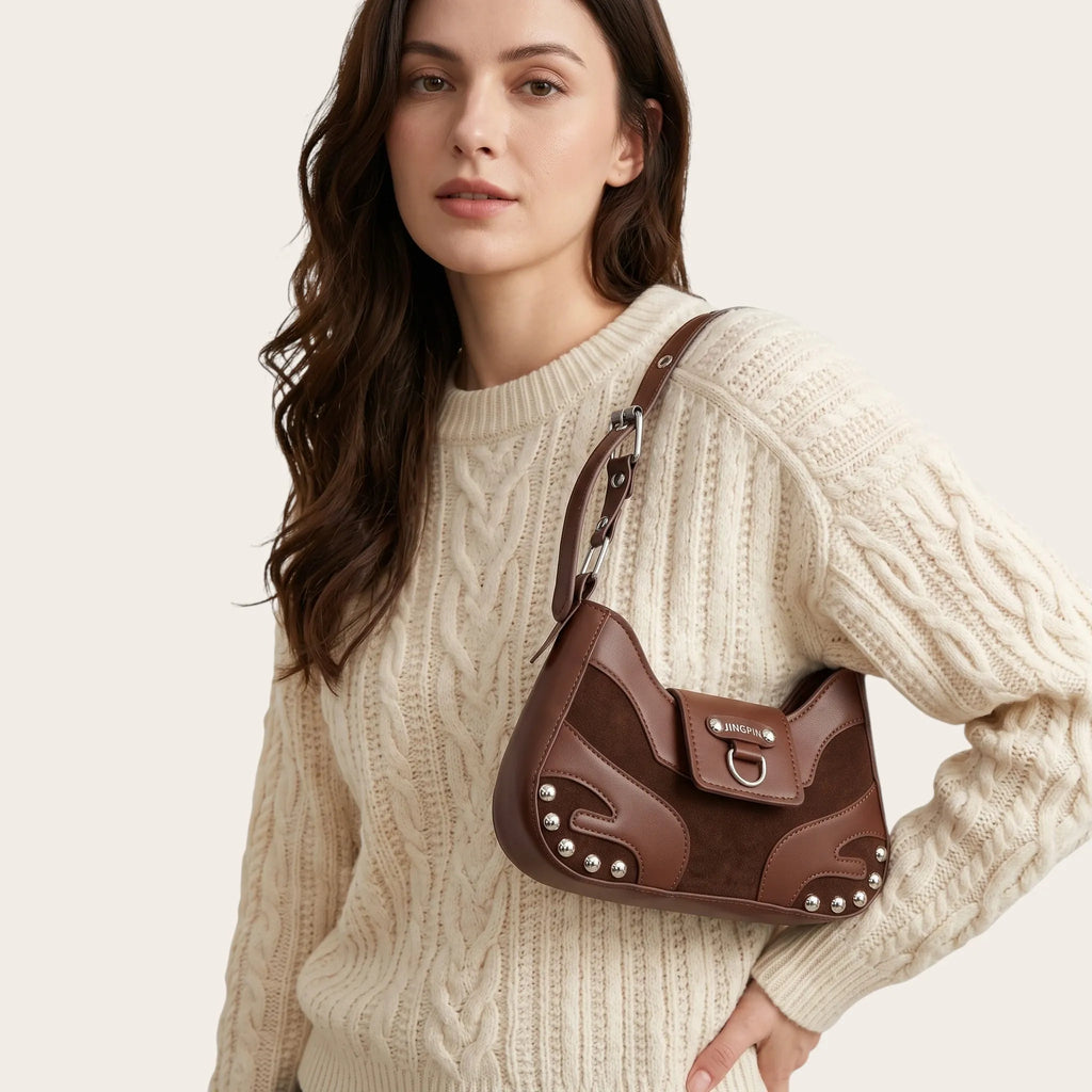 Sac bandoulière similicuir clouté pour femme, vue 5 - Café
