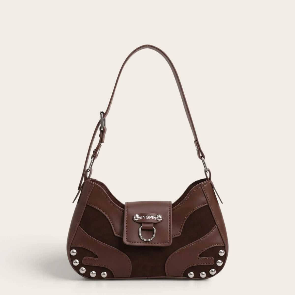 Sac bandoulière similicuir clouté pour femme, vue 1 - Café