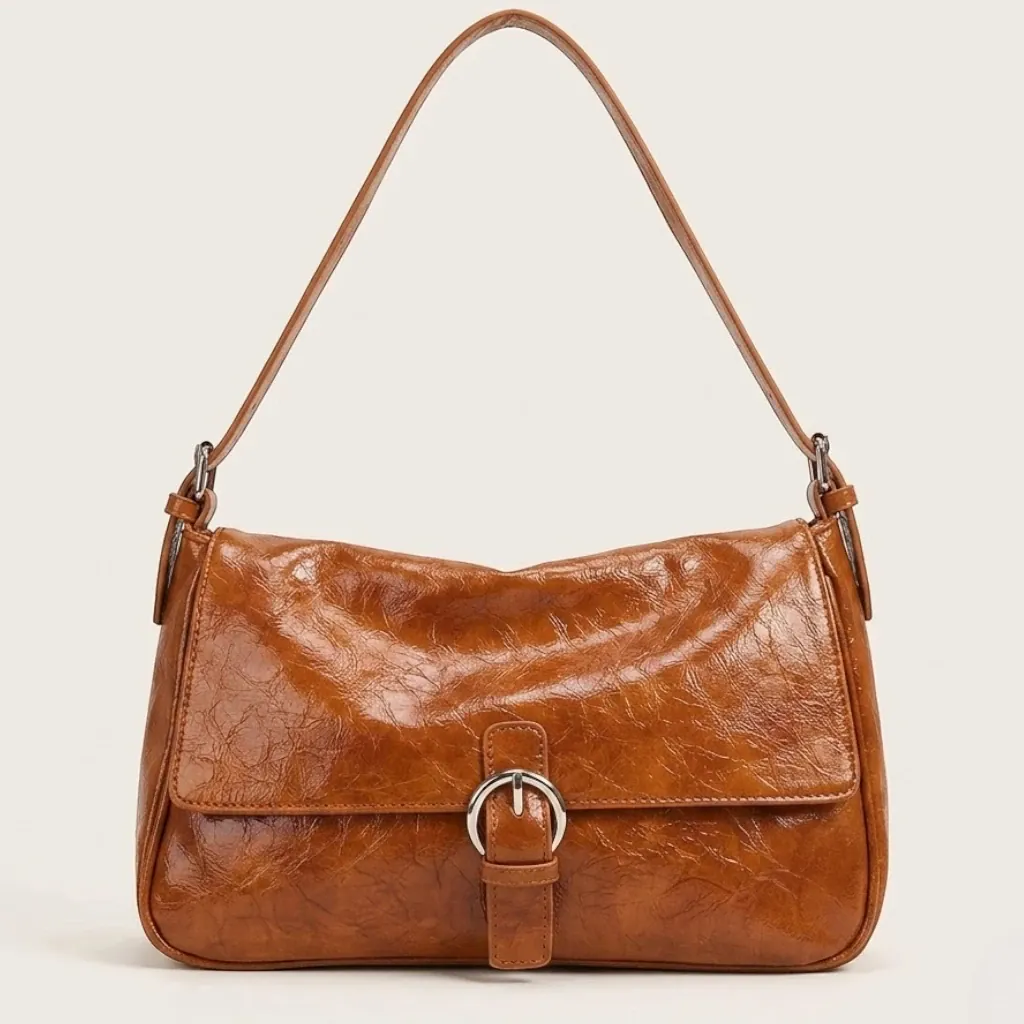 Sac bandoulière rabat similicuir brillant vintage Marron