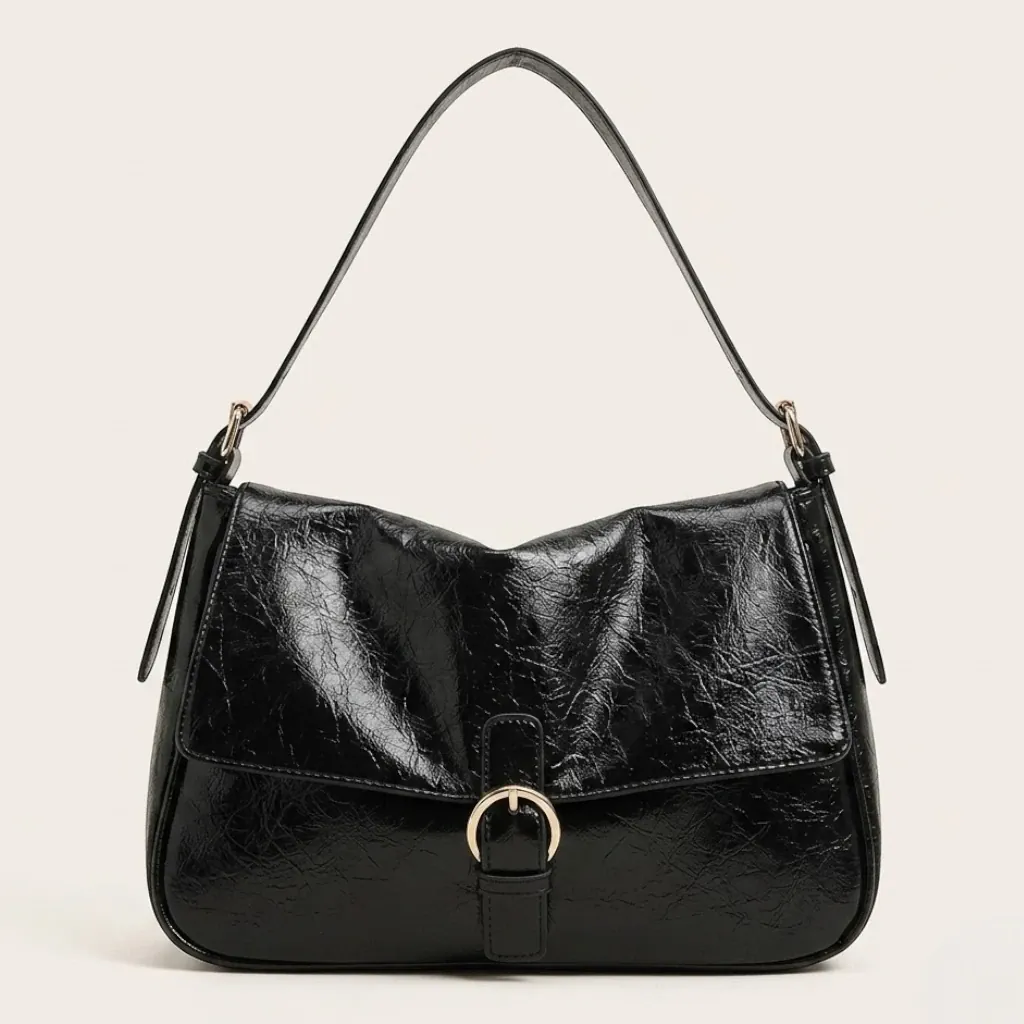 Sac bandoulière rabat similicuir brillant vintage Noir