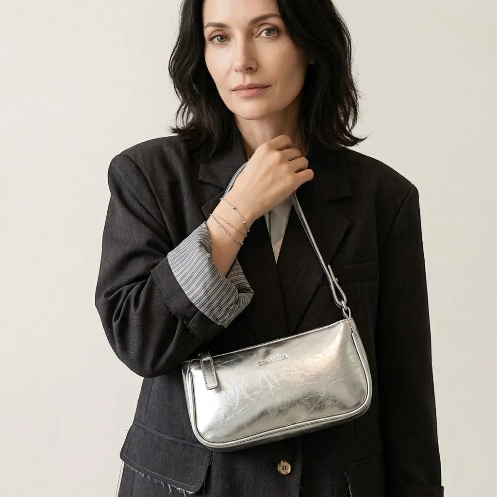 Sac bandoulière rectangulaire en similicuir crouté Argent