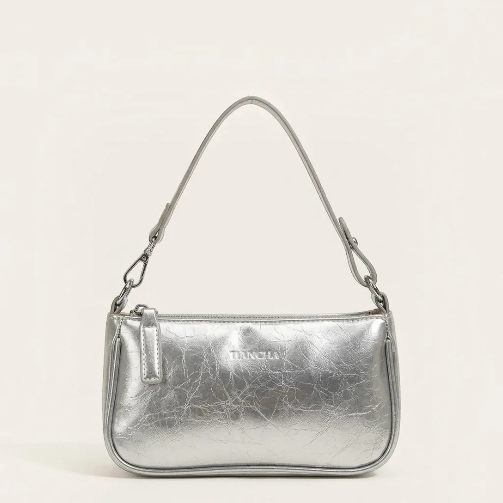 Sac bandoulière rectangulaire en similicuir crouté Argent