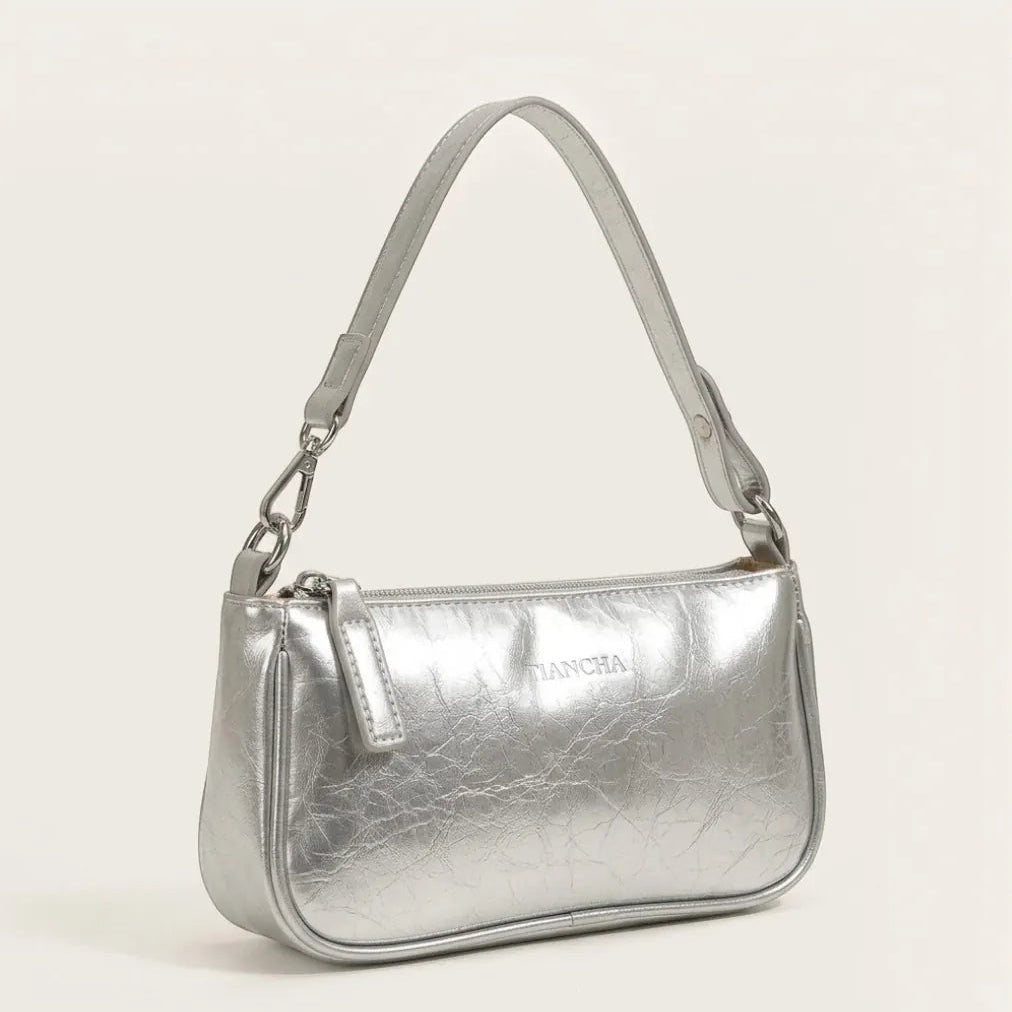 Sac bandoulière rectangulaire en similicuir crouté Argent