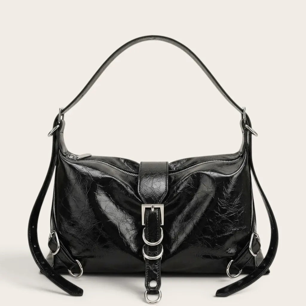 Sac bandoulière similicuir brillant multi-boucles Noir