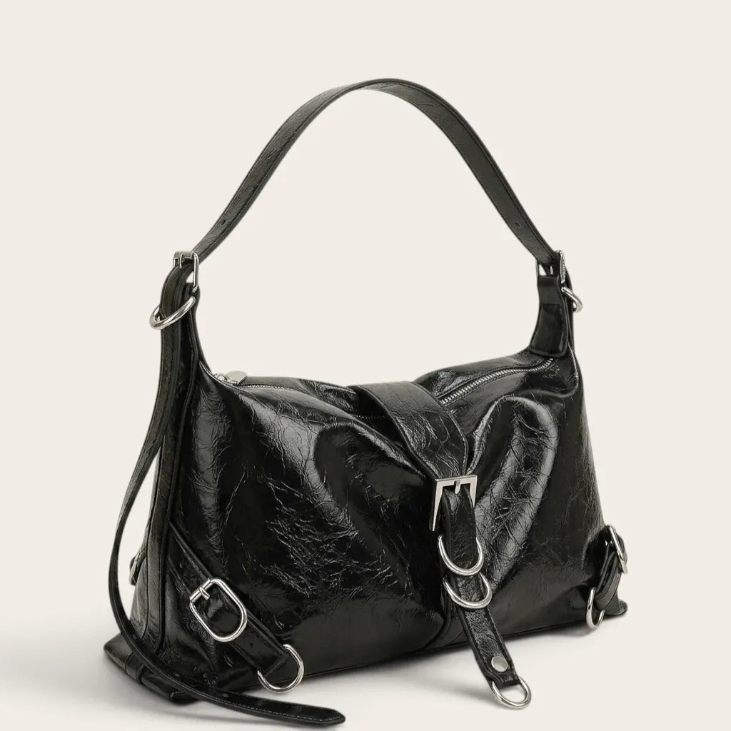 Sac bandoulière similicuir brillant multi-boucles Noir