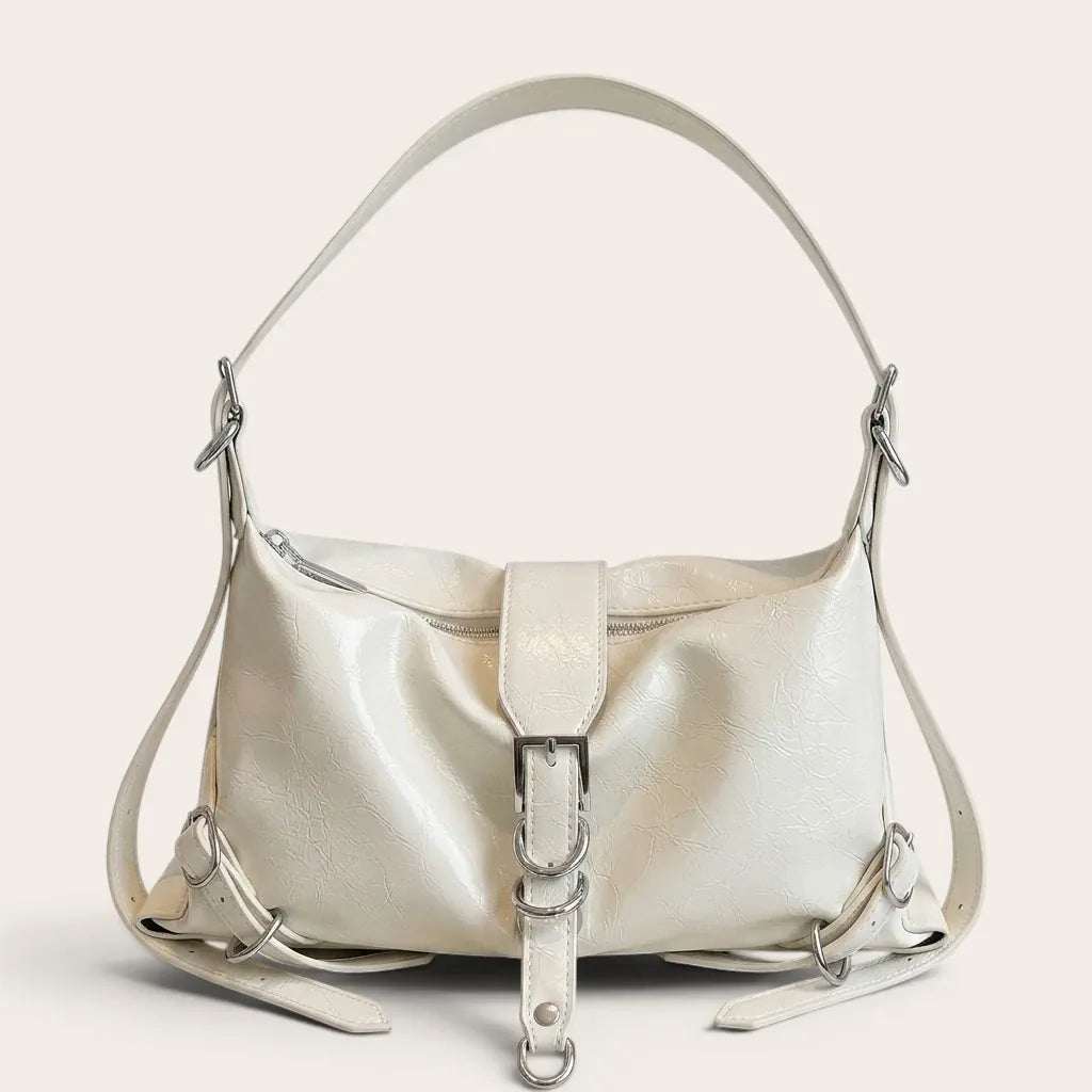 Sac bandoulière similicuir brillant multi-boucles Beige