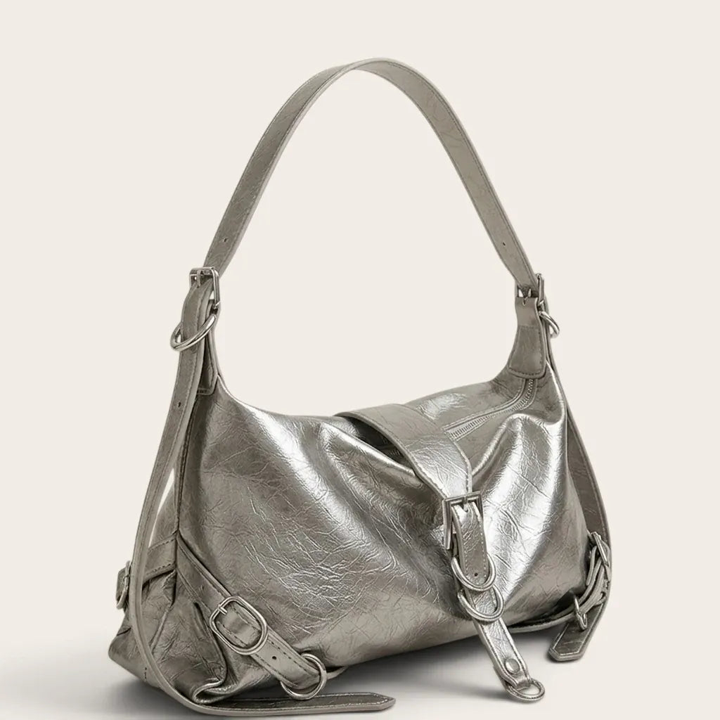 Sac bandoulière similicuir brillant multi-boucles Argent