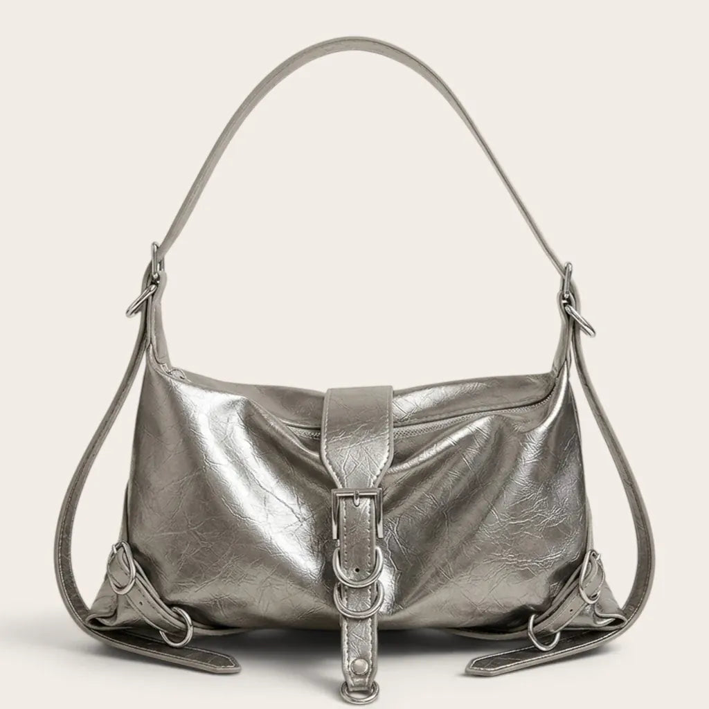 Sac bandoulière similicuir brillant multi-boucles Argent