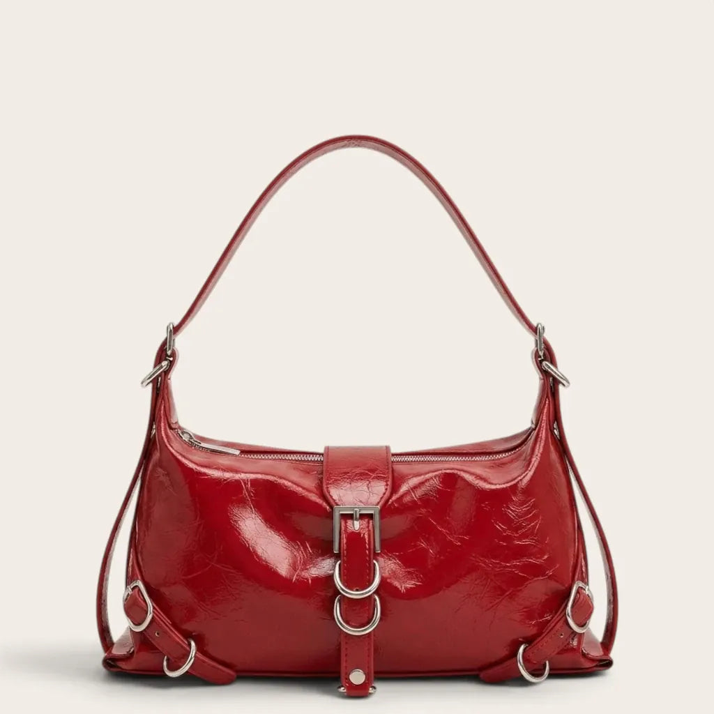 Sac bandoulière similicuir brillant multi-boucles Rouge
