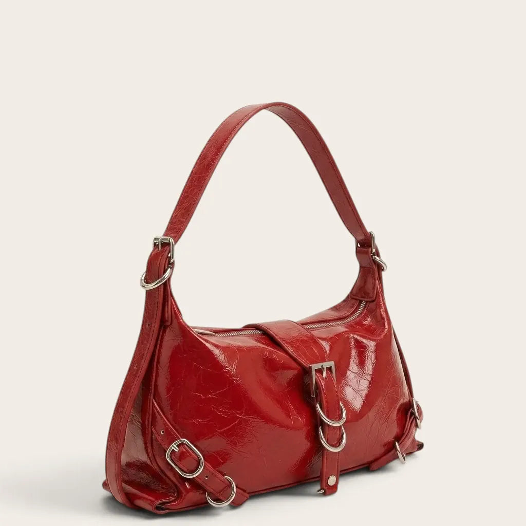 Sac bandoulière similicuir brillant multi-boucles Rouge