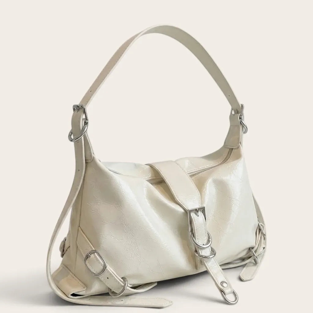 Sac bandoulière similicuir brillant multi-boucles Beige