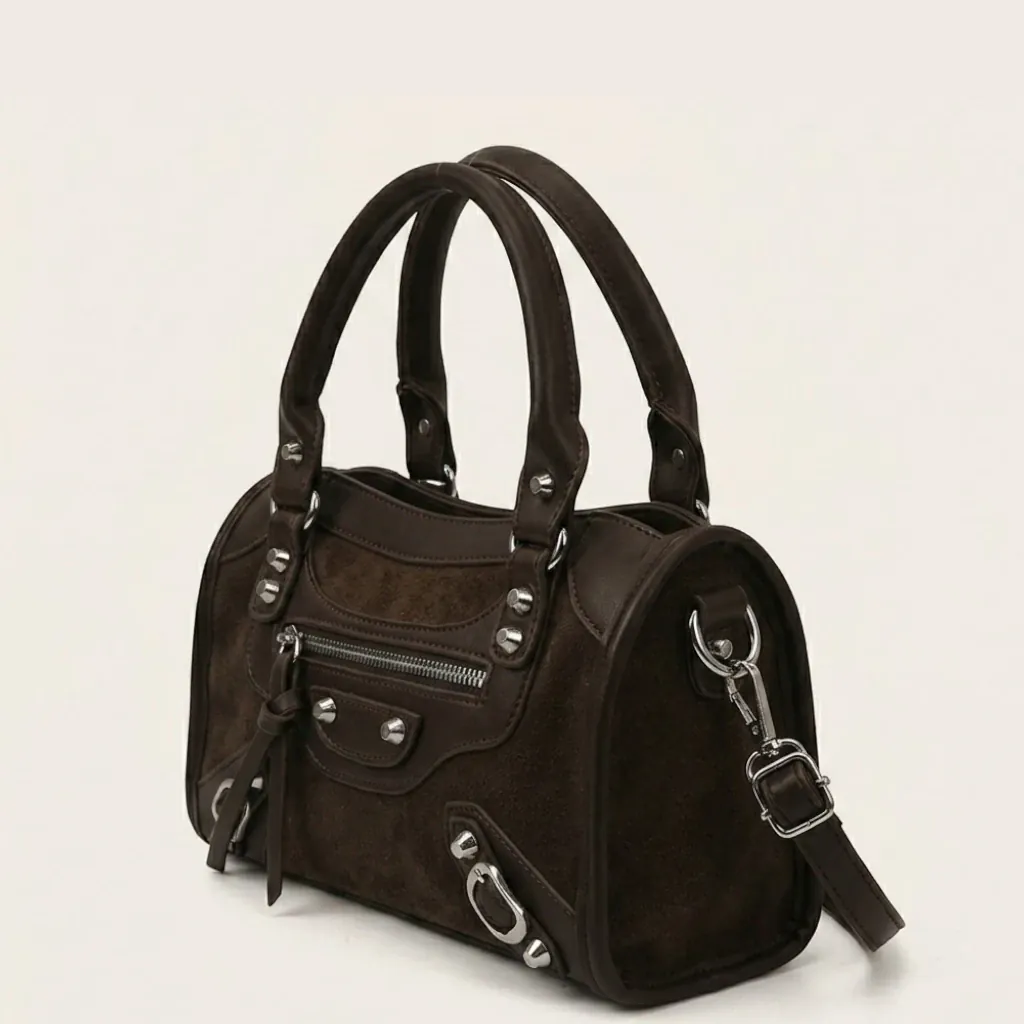 Sac boston rivet biker suédine Café