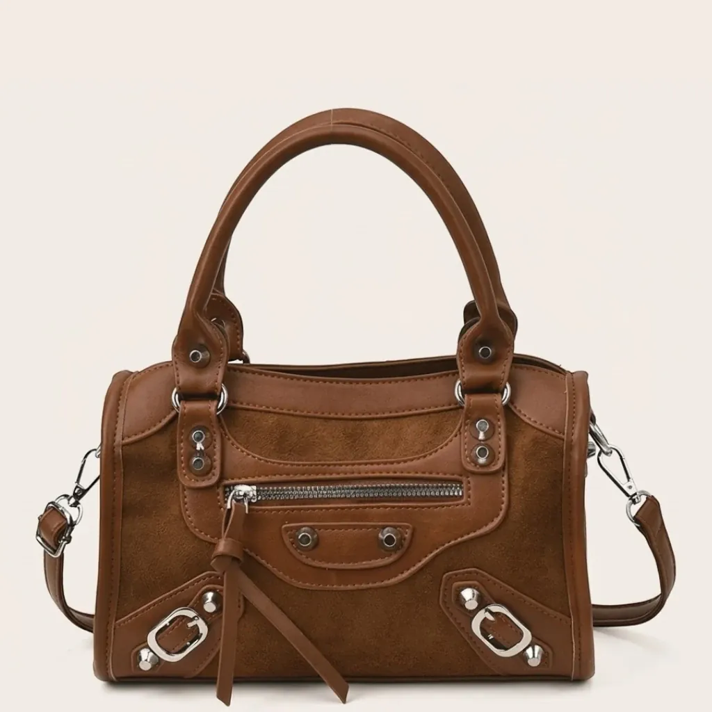 Sac boston rivet biker suédine Marron