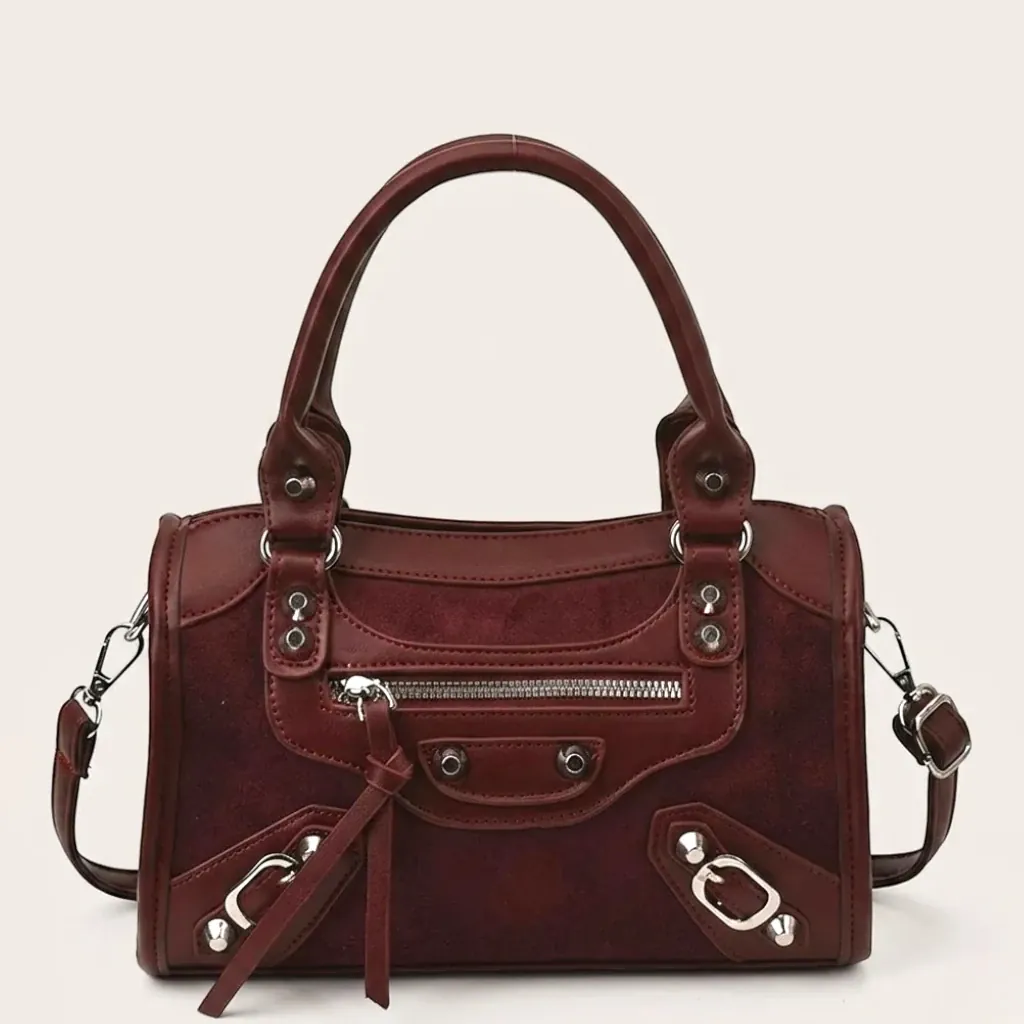 Sac boston rivet biker suédine Acajou