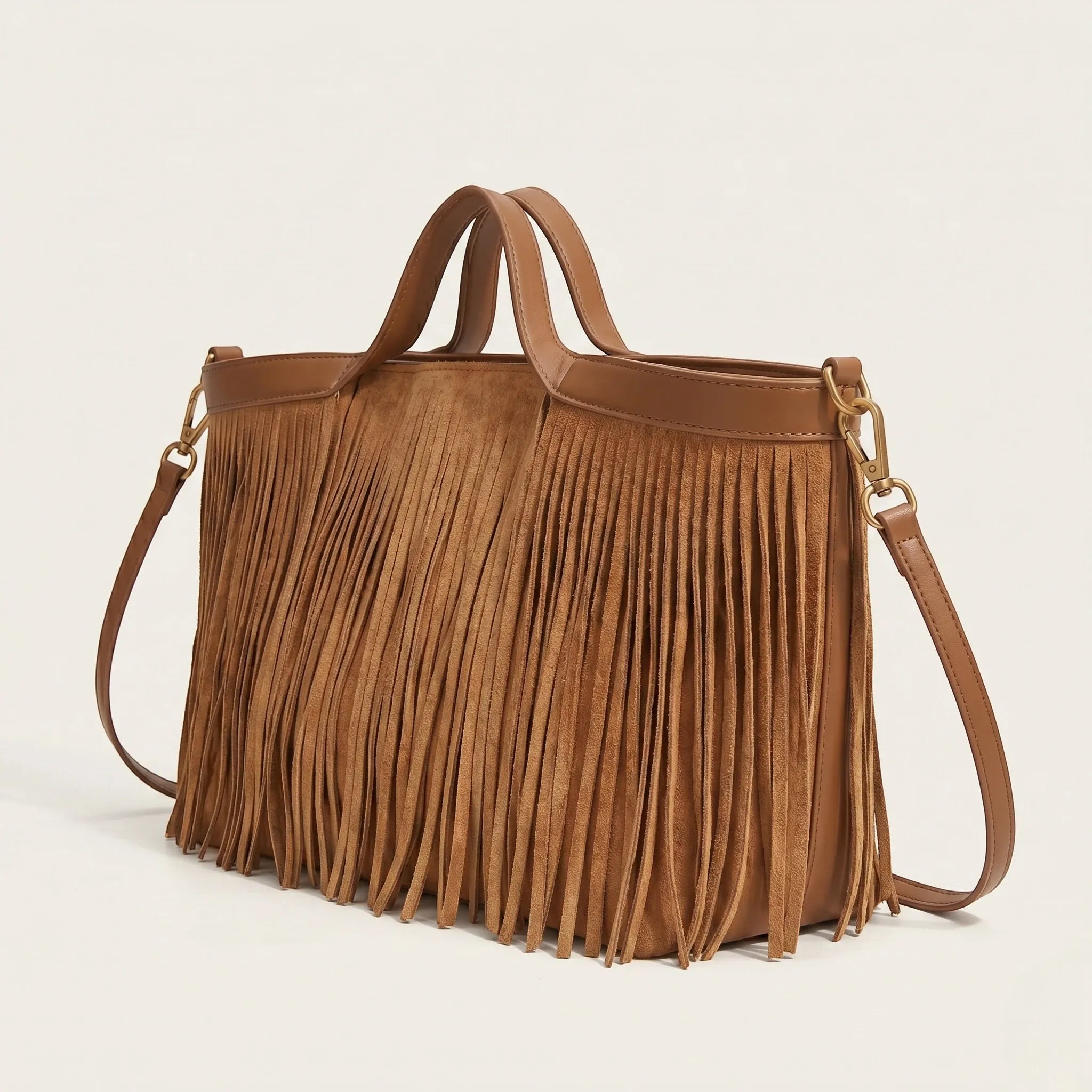 Sac cabas allongé a frange Marron