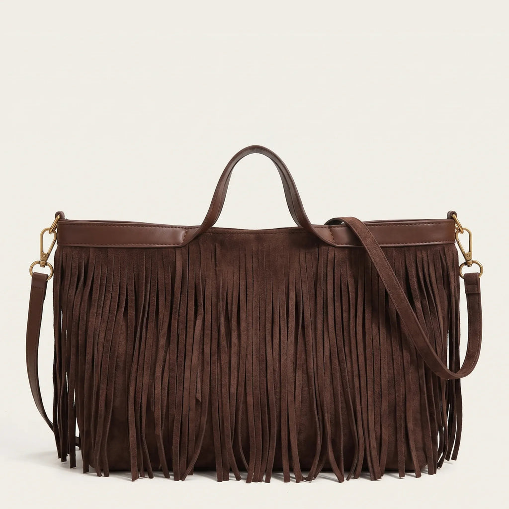 Sac cabas allongé a frange Café