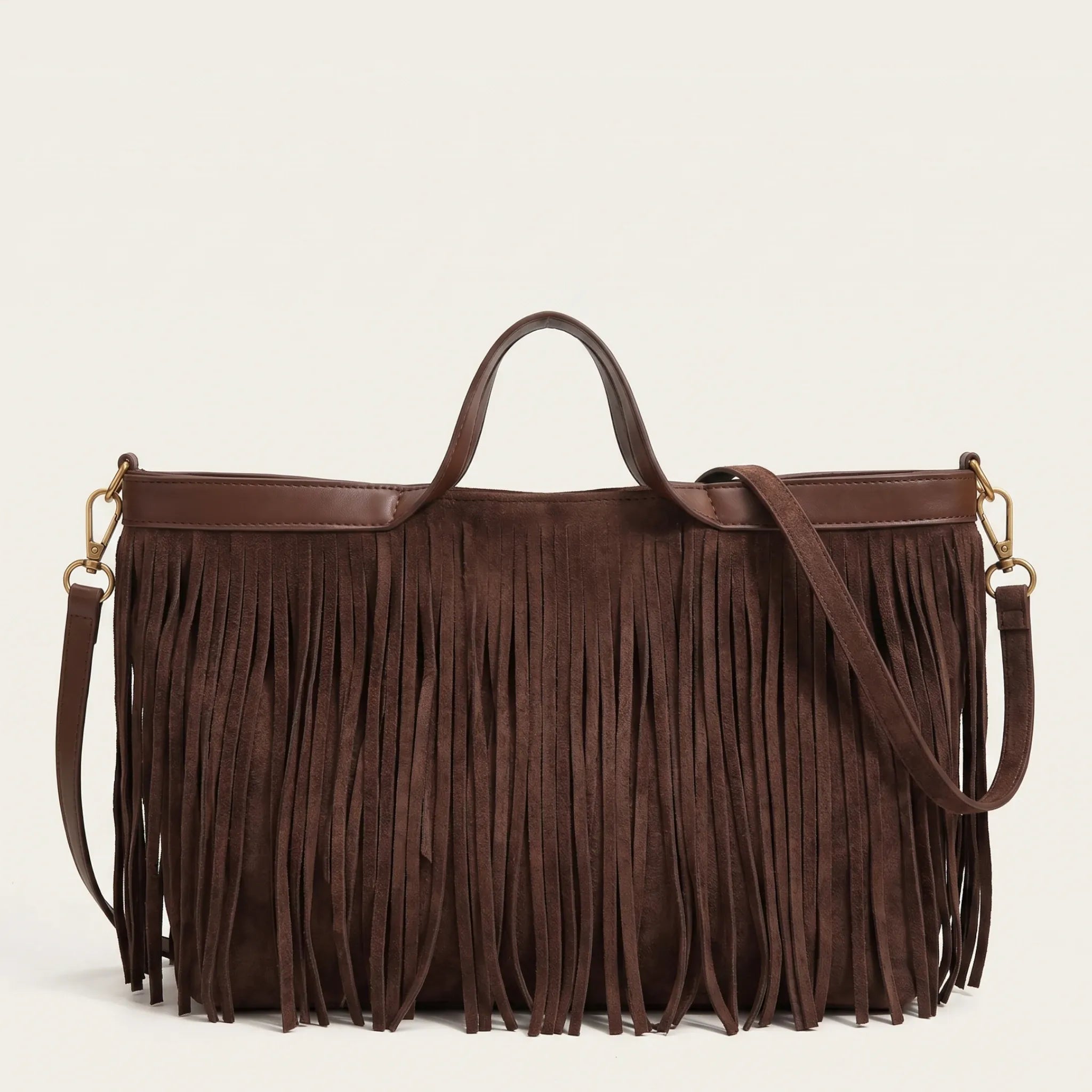 Sac cabas allongé a frange Café